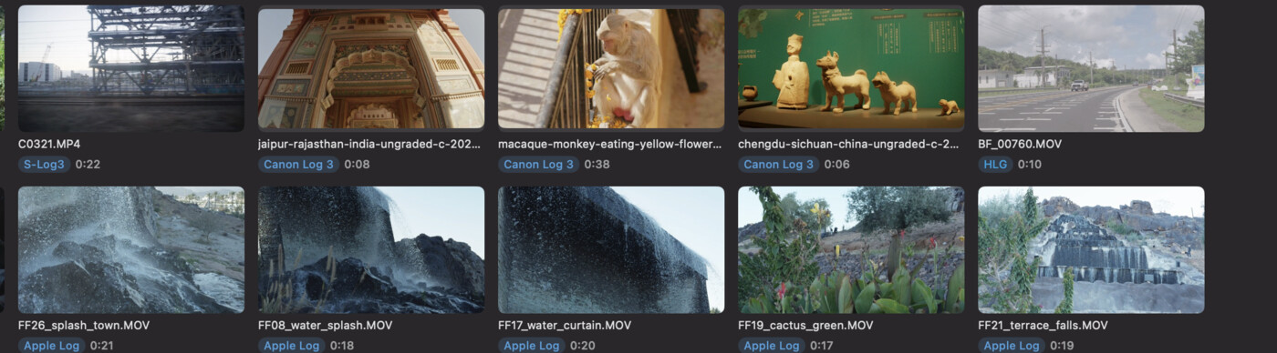 The same clips in Divecut with the conversion on: thumbnails in correct color, each labelled with its format badge.