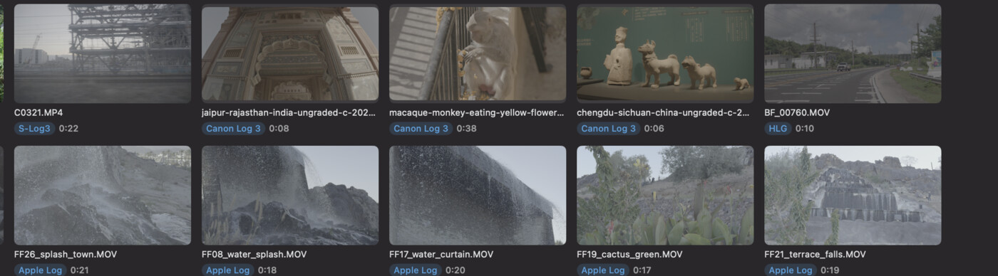 The same clips with the color conversion switched off: flat, washed-out thumbnails, same as Finder or QuickTime would show.
