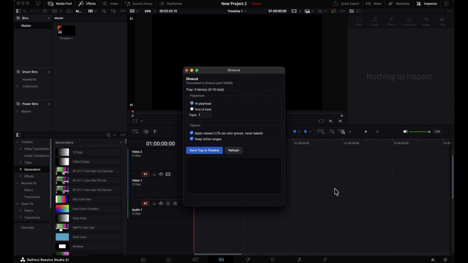 The Divecut panel open inside DaVinci Resolve, connected and showing three items in the tray.