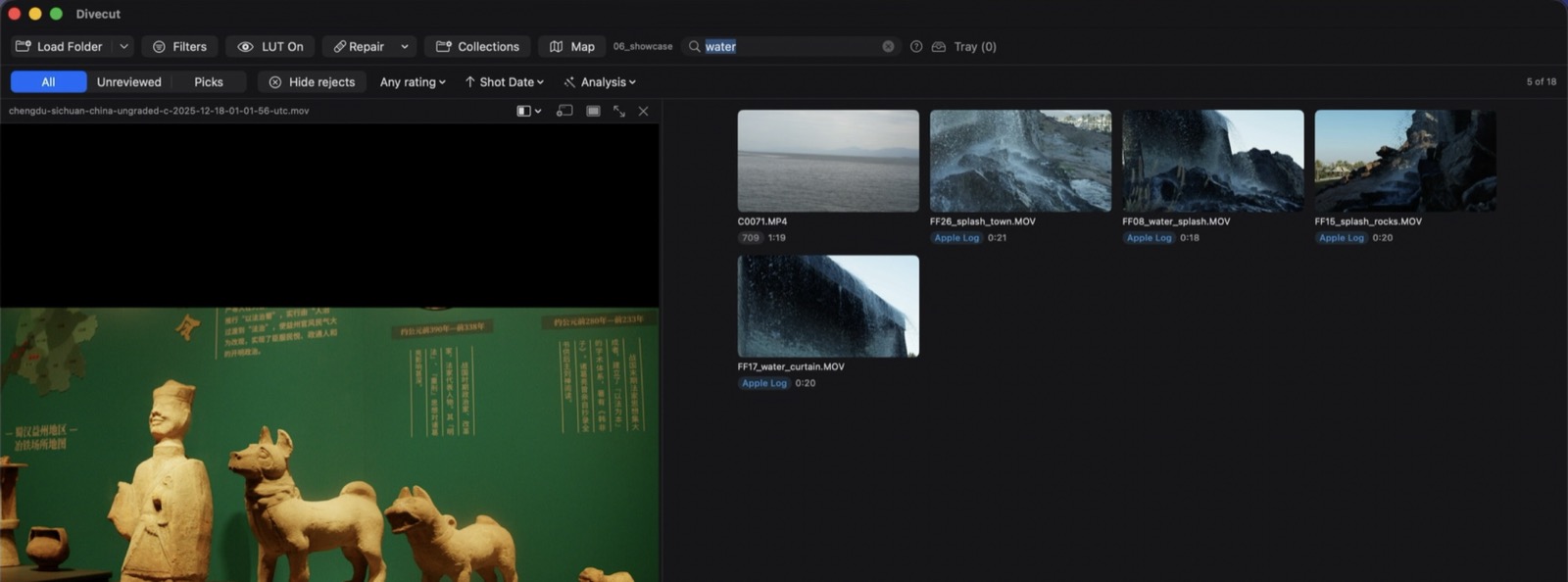 A search for the word water, with matching clips ranked in the grid.