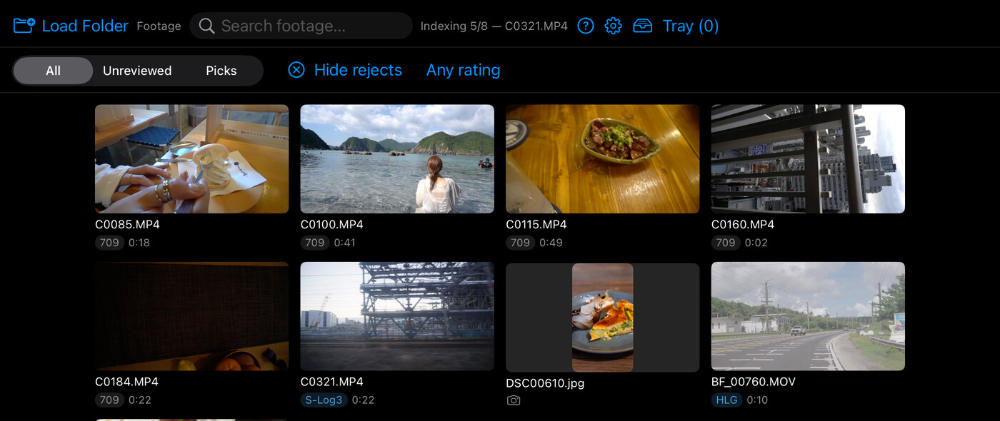 Divecut library: a grid of clips, each with a badge reading its recorded format — 709, S-Log3, HLG.