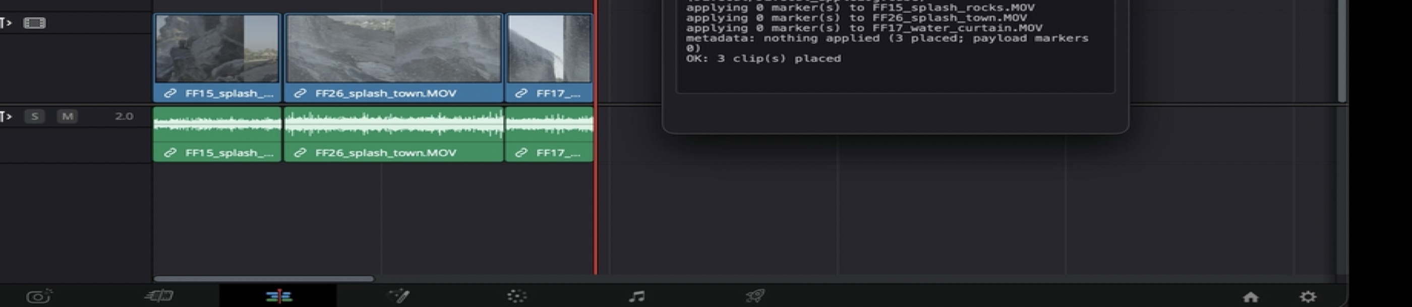 Three clips placed on a Resolve timeline with matching audio, each trimmed to its marked range.