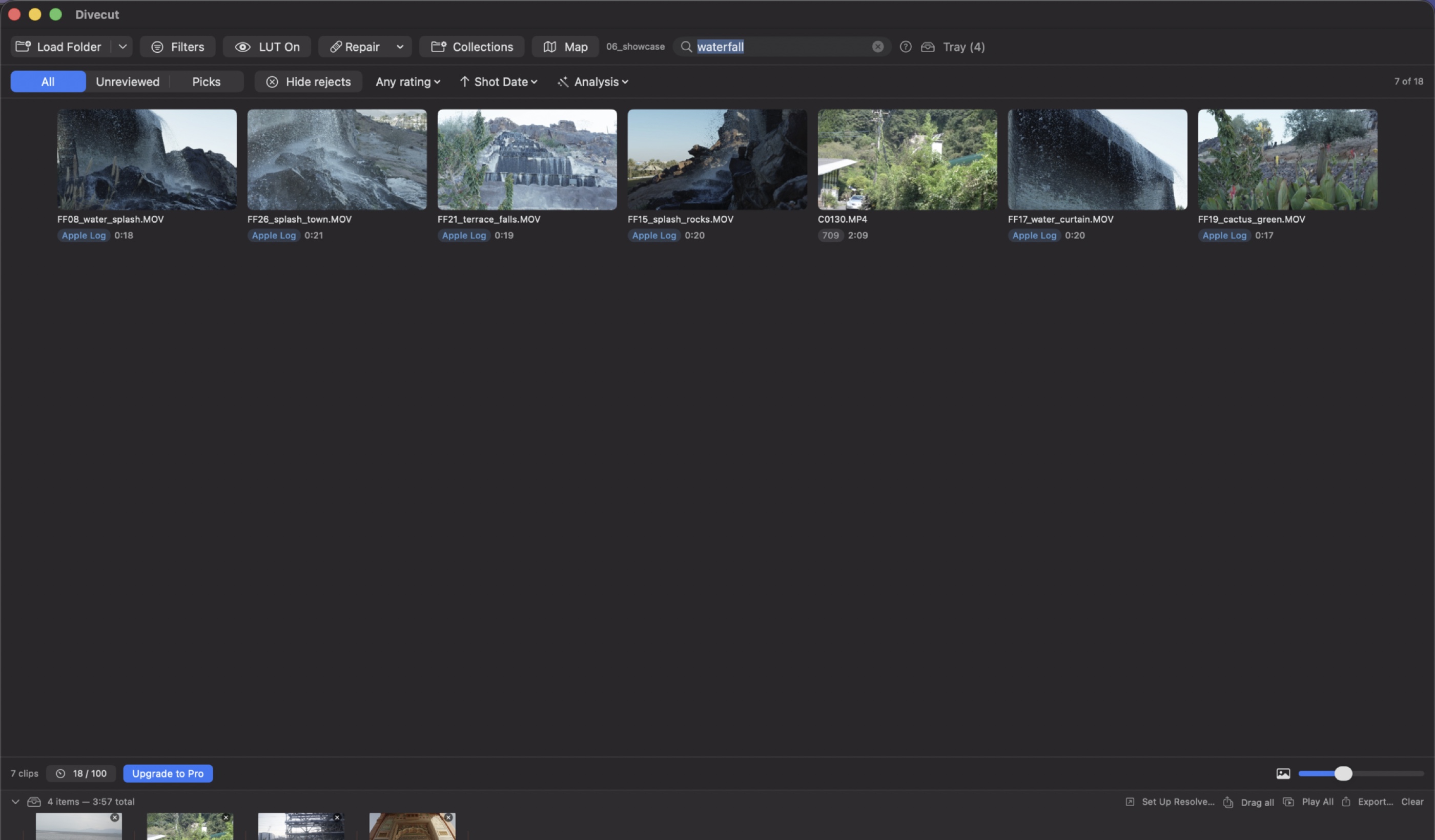 The Divecut window with the word waterfall in the search field. Seven clips are shown, ranked, out of eighteen in the folder.