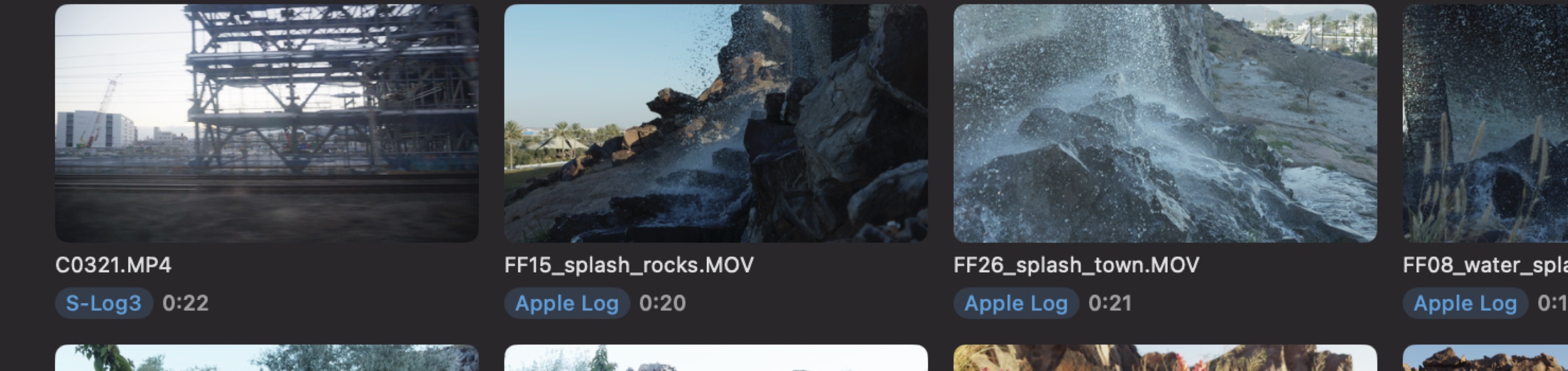 Four clips in the Divecut grid. The first is labelled S-Log3, the rest Apple Log.