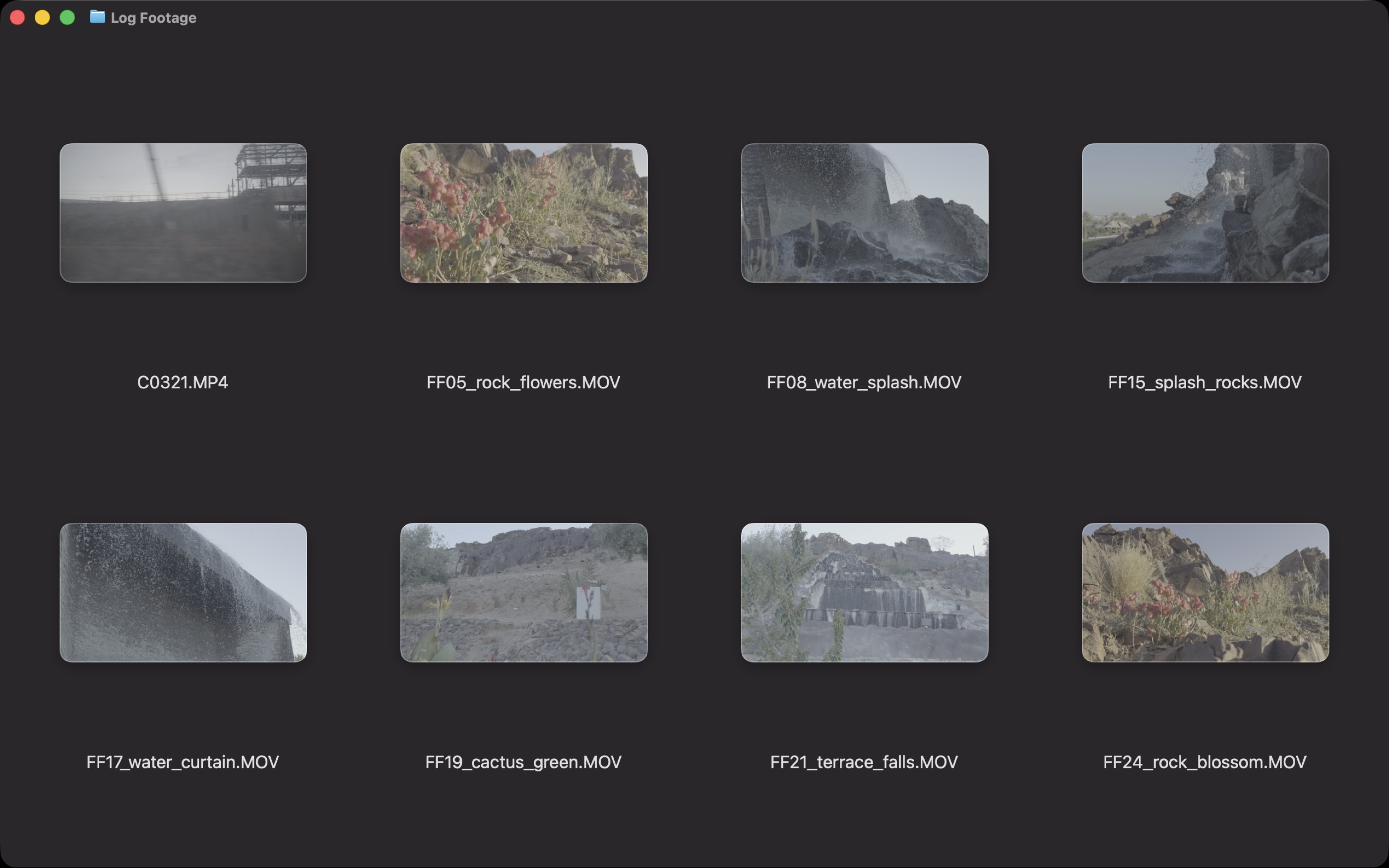 A folder of Log clips in Finder's icon view. Every thumbnail is washed out and grey.