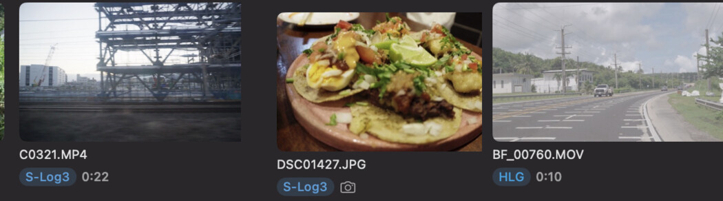 Drei Clips nebeneinander, jeder darunter beschriftet: ein S-Log3-Video, ein S-Log3-Foto und ein HLG-Video.